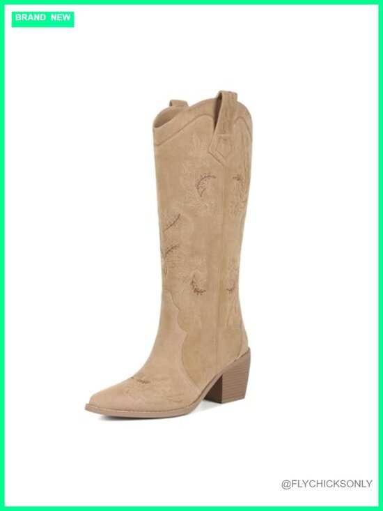 Shoes - Faux Suede Cowboy Boots Knee High Pointed Toe Chunky Heel Western Boots Wide